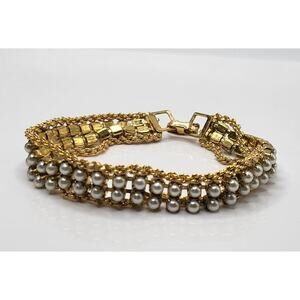 Vintage Gold Tone Faux Pearl Bracelet Multi Chain Drape 6.75